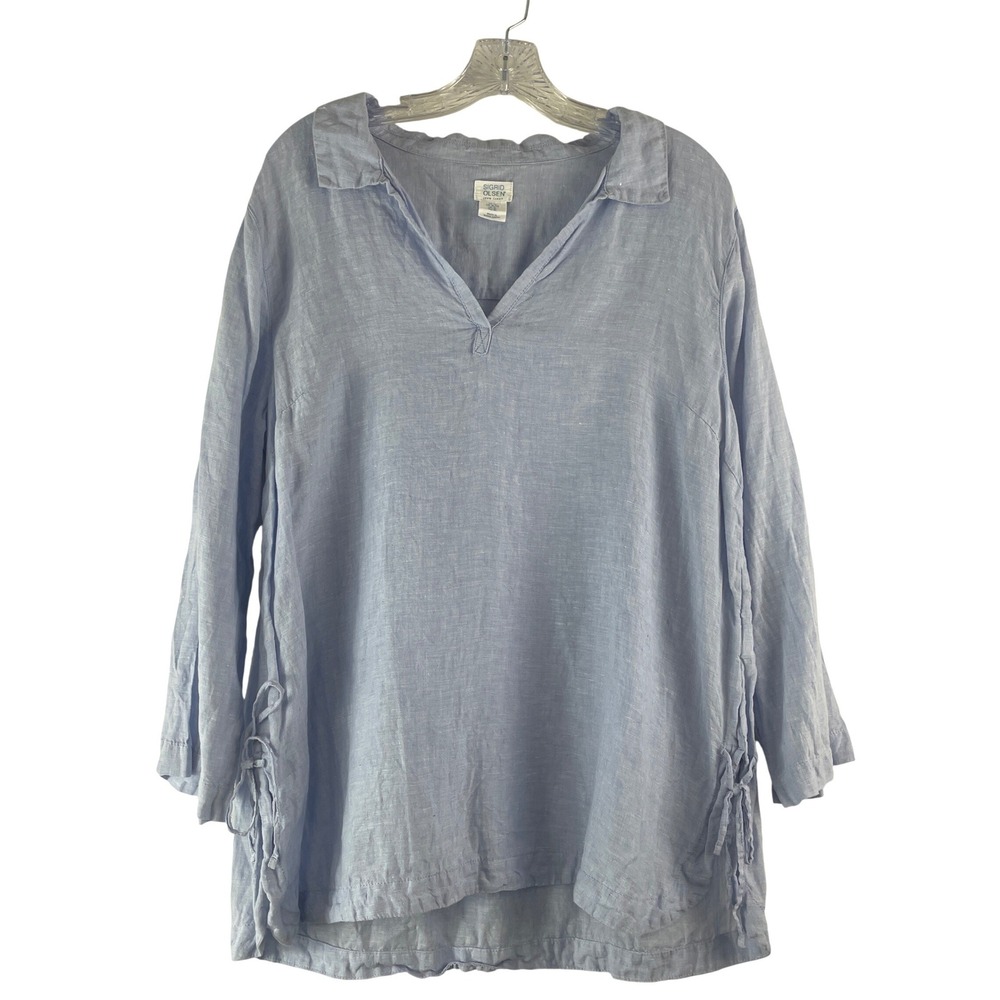 Sigrid Olsen Linen V-Neck Tunic Top Size Medium Light‎ Blue Coastal Boho Summer